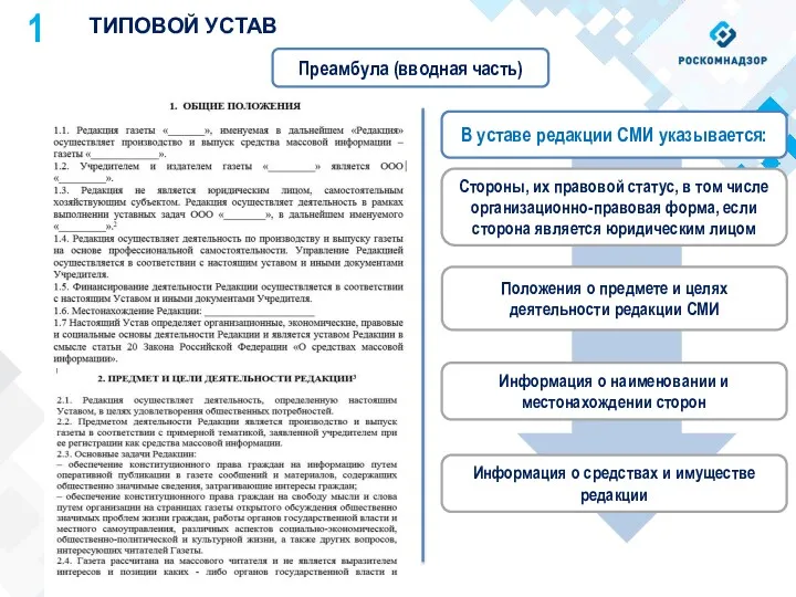 1 ТИПОВОЙ УСТАВ Преамбула (вводная часть) В уставе редакции СМИ