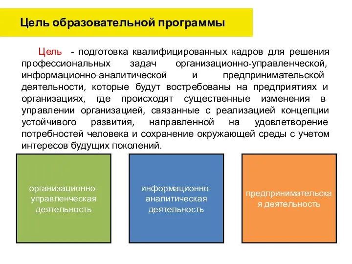 Цель - подготовка квалифицированных кадров для решения профессиональных задач организационно-управленческой, информационно-аналитической и предпринимательской