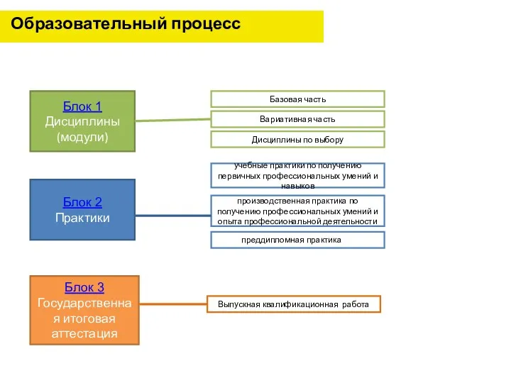 Образовательный процесс Блок 1 Дисциплины (модули) Блок 2 Практики Блок 3 Государственная итоговая