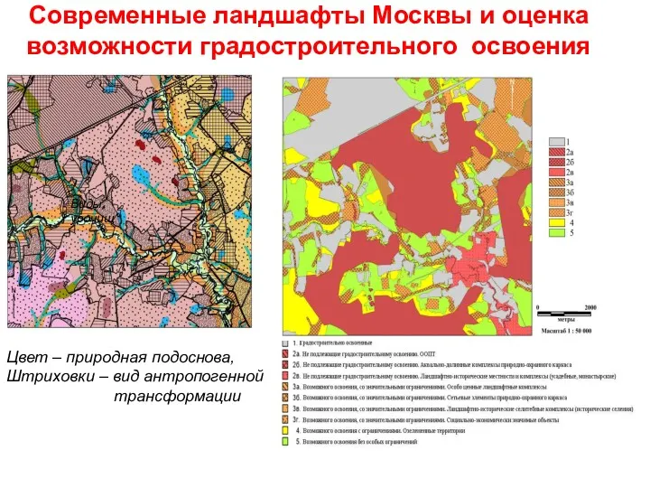 Современные ландшафты Москвы и оценка возможности градостроительного освоения Цвет – природная подоснова, Штриховки