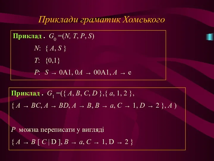 Приклади граматик Хомського Приклад . G0 =(N, T, P, S)