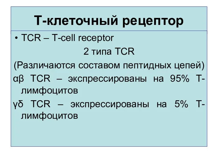 Т-клеточный рецептор ТСR – Т-сell receptor 2 типа TCR (Различаются