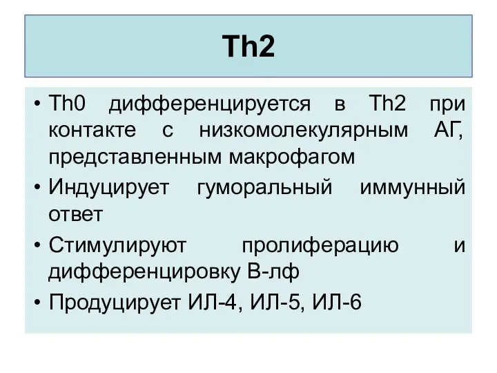 Th2 Тh0 дифференцируется в Th2 при контакте с низкомолекулярным АГ,