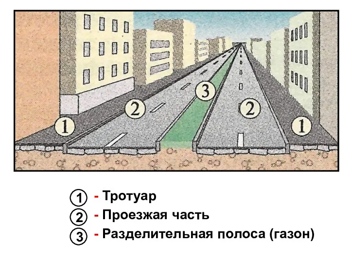 - Тротуар - Проезжая часть - Разделительная полоса (газон) 1 3 2