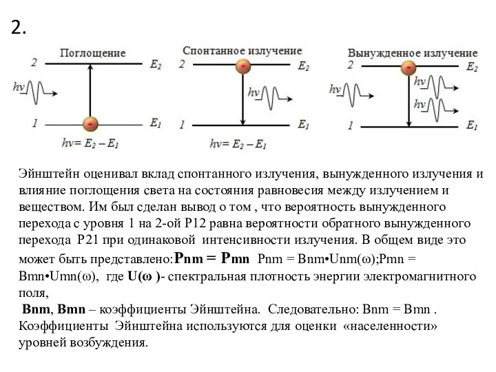 2. Эйнштейн оценивал вклад спонтанного излучения, вынужденного излучения и влияние