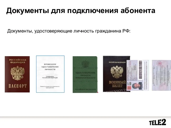 Документы для подключения абонента Документы, удостоверяющие личность гражданина РФ: