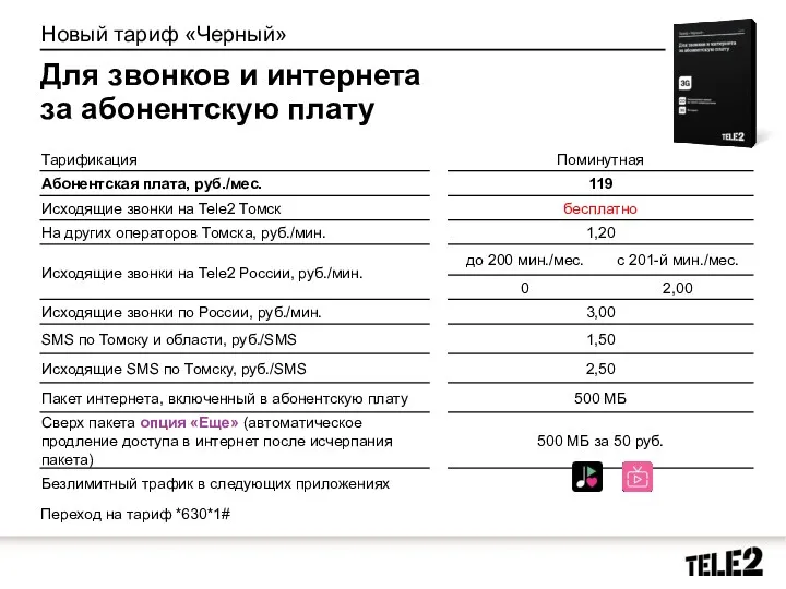 Новый тариф «Черный» Для звонков и интернета за абонентскую плату Переход на тариф *630*1#