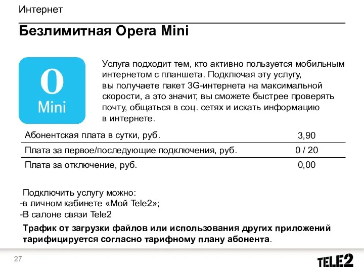 Интернет Безлимитная Opera Mini Подключить услугу можно: в личном кабинете «Мой Tele2»; В