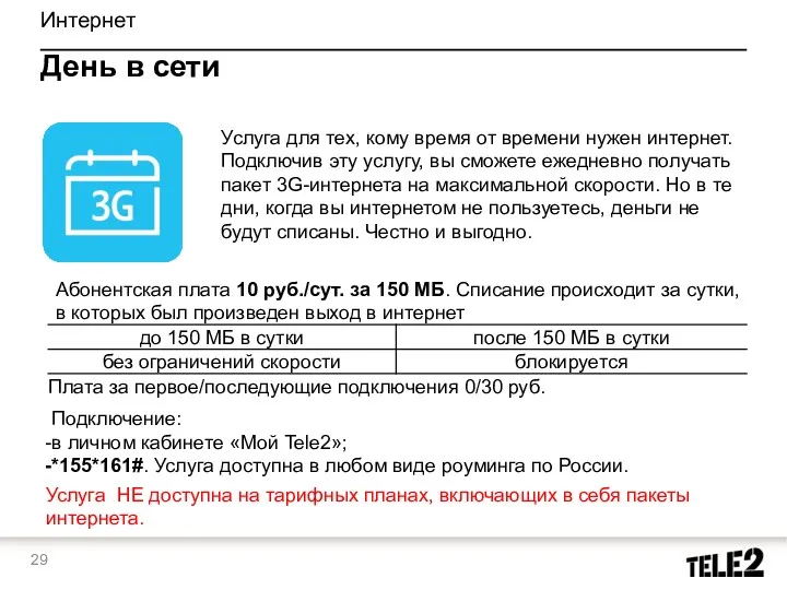 Услуга для тех, кому время от времени нужен интернет. Подключив эту услугу, вы