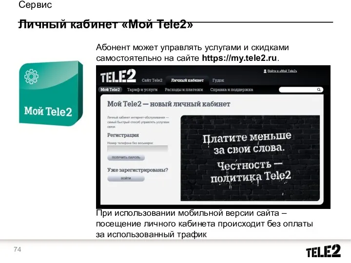 Абонент может управлять услугами и скидками самостоятельно на сайте https://my.tele2.ru. Сервис Личный кабинет