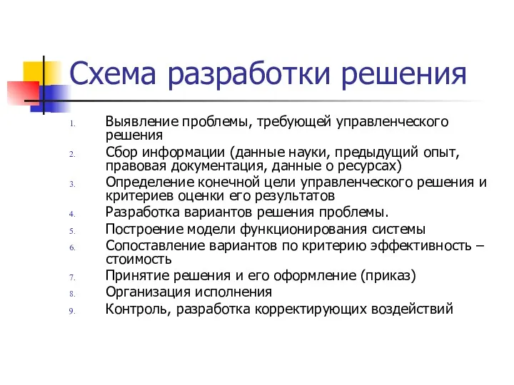 Схема разработки решения Выявление проблемы, требующей управленческого решения Сбор информации