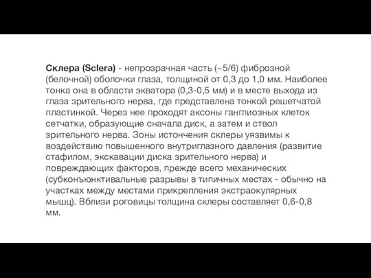 Склера (Sclera) - непрозрачная часть (~5/6) фиброзной (белочной) оболочки глаза,