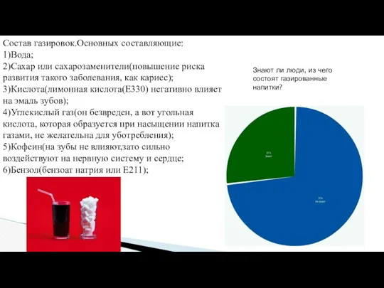 Состав газировок.Основных составляющие: 1)Вода; 2)Сахар или сахарозаменители(повышение риска развития такого заболевания, как кариес);