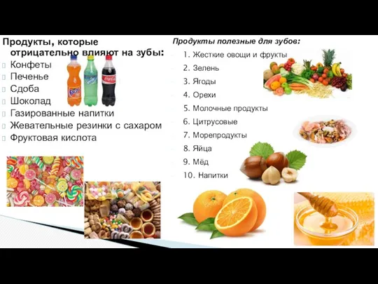 Продукты, которые отрицательно влияют на зубы: Конфеты Печенье Сдоба Шоколад