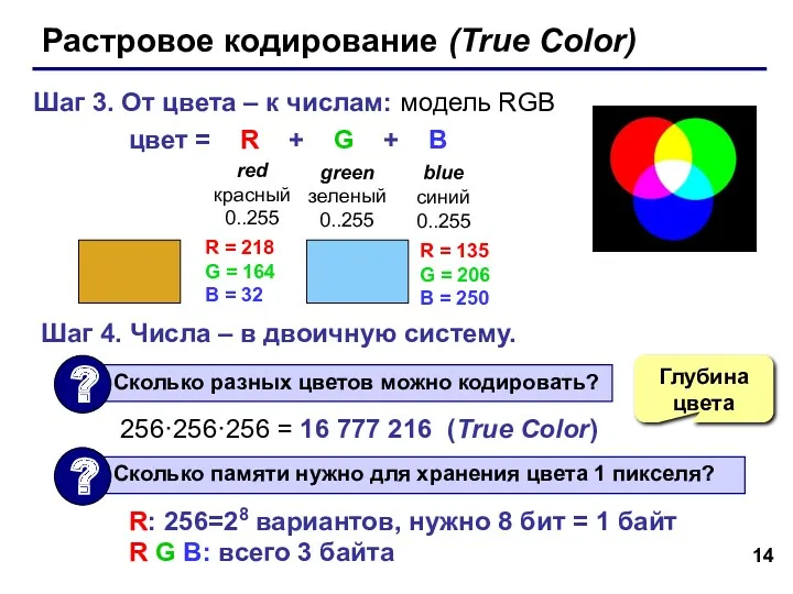 Растровое кодирование (True Color) Шаг 3. От цвета – к