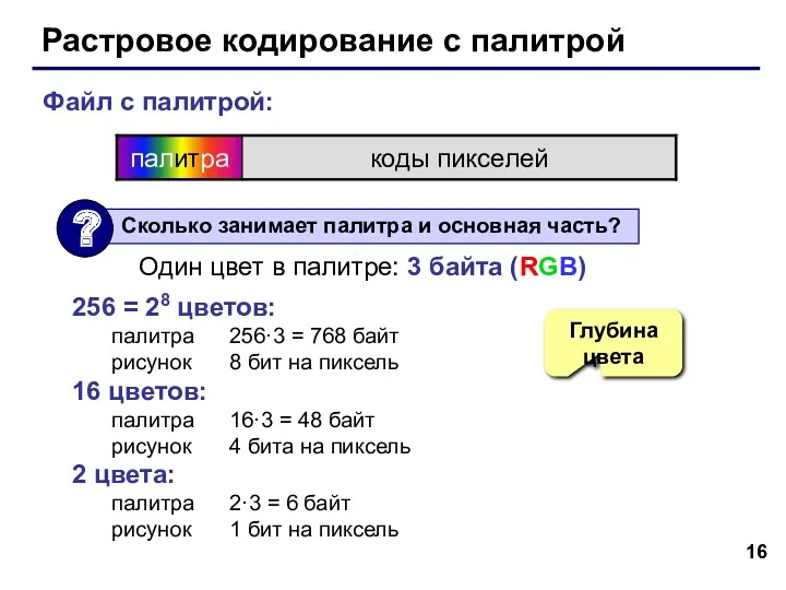 Растровое кодирование с палитрой Файл с палитрой: 256 = 28