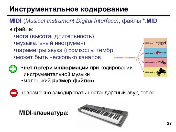 Инструментальное кодирование MIDI (Musical Instrument Digital Interface), файлы *.MID в