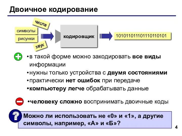 Двоичное кодирование в такой форме можно закодировать все виды информации