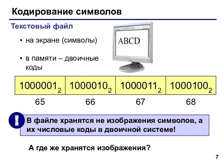 Кодирование символов Текстовый файл на экране (символы) в памяти –