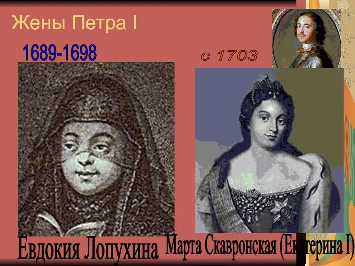 Жены Петра I Евдокия Лопухина Марта Скавронская (Екатерина I) с 1703 1689-1698