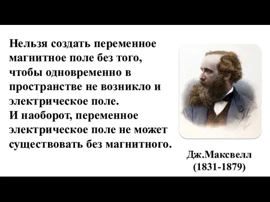 Дж.Максвелл (1831-1879) Нельзя создать переменное магнитное поле без того, чтобы