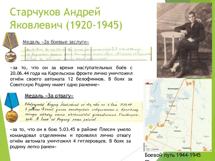 Старчуков Андрей Яковлевич (1920-1945) Медаль «За боевые заслуги» Боевой путь