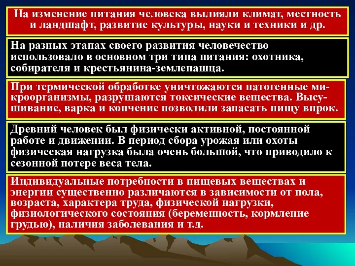 На изменение питания человека вылияли климат, местность и ландшафт, развитие