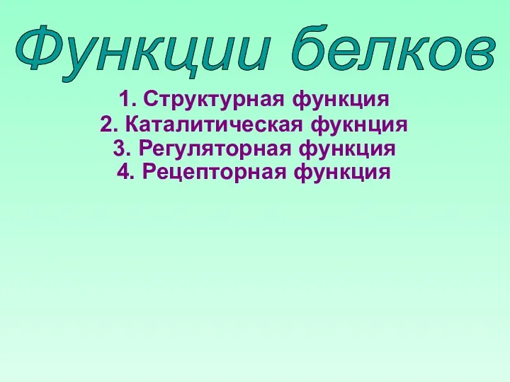 Функции белков 1. Структурная функция 2. Каталитическая фукнция 3. Регуляторная функция 4. Рецепторная функция