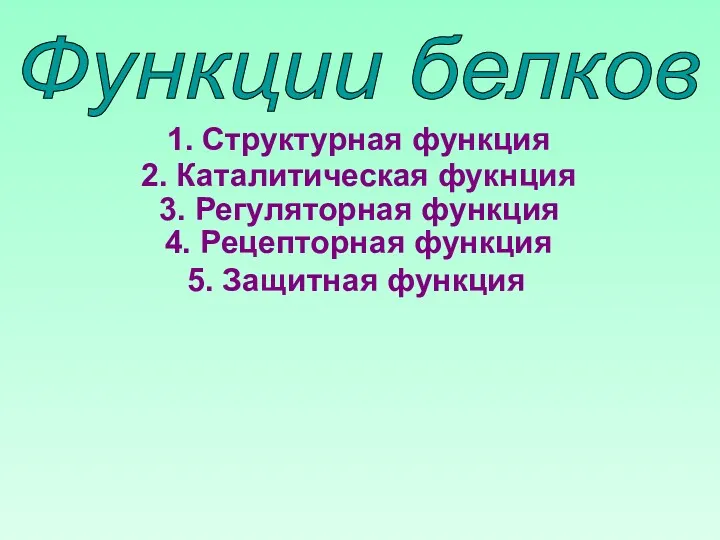 Функции белков 1. Структурная функция 2. Каталитическая фукнция 3. Регуляторная