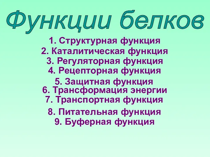 8. Питательная функция 7. Транспортная функция 6. Трансформация энергии Функции