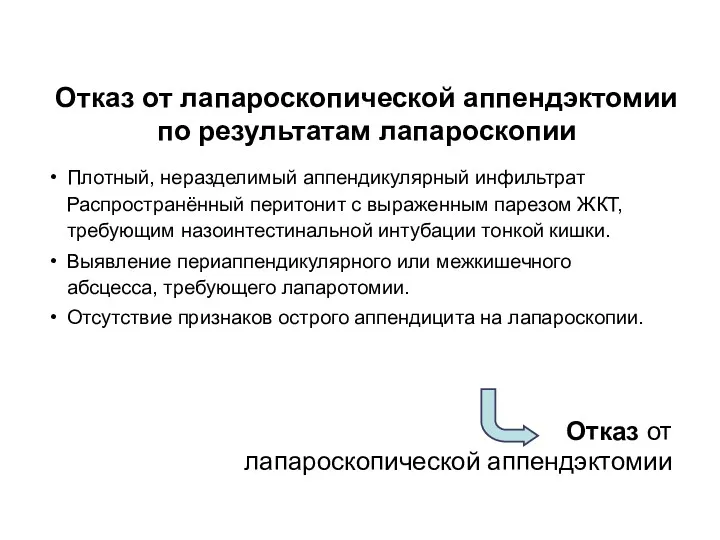 Отказ от лапароскопической аппендэктомии по результатам лапароскопии Плотный, неразделимый аппендикулярный