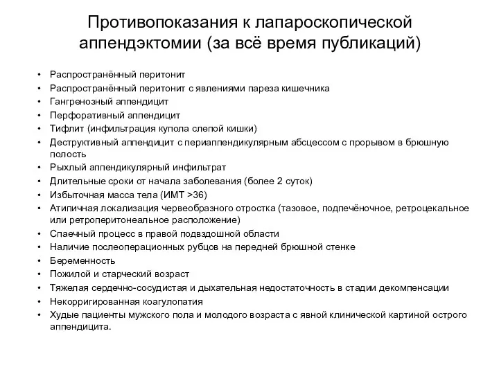 Противопоказания к лапароскопической аппендэктомии (за всё время публикаций) Распространённый перитонит