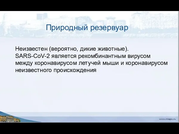 Природный резервуар Неизвестен (вероятно, дикие животные). SARS-CoV-2 является рекомбинантным вирусом