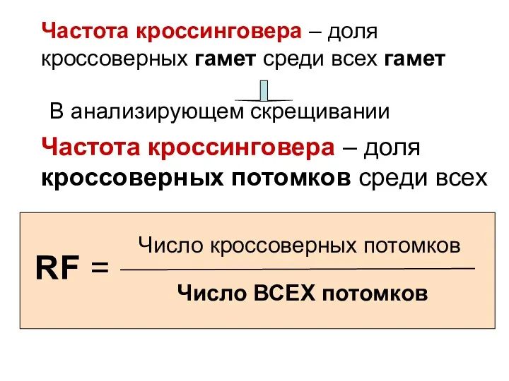 Частота кроссинговера – доля кроссоверных потомков среди всех Частота кроссинговера