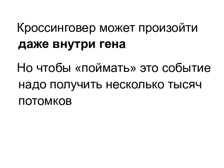 Кроссинговер может произойти даже внутри гена Но чтобы «поймать» это событие надо получить несколько тысяч потомков