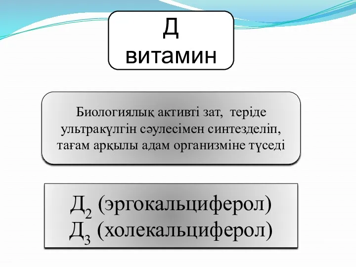 Д витамин Д2 (эргокальциферол) Д3 (холекальциферол) Биологиялық активті зат, теріде