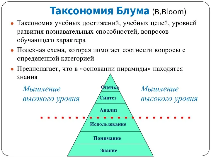 Таксономия учебных достижений, учебных целей, уровней развития познавательных способностей, вопросов