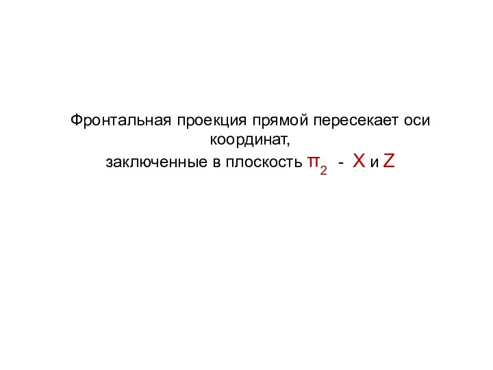 Фронтальная проекция прямой пересекает оси координат, заключенные в плоскость π2 - X и Z