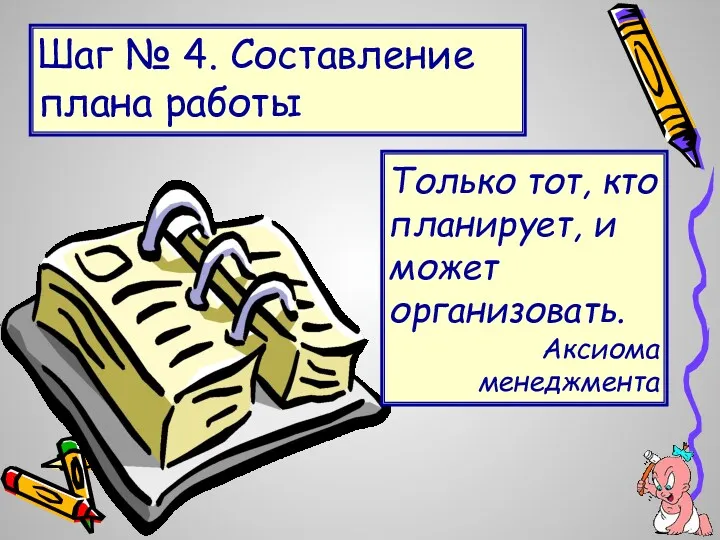 Шаг № 4. Составление плана работы Только тот, кто планирует, и может организовать. Аксиома менеджмента