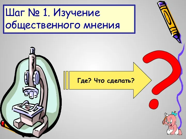 Шаг № 1. Изучение общественного мнения Где? Что сделать? ?