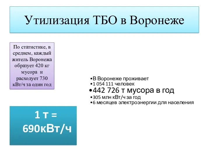 Утилизация ТБО в Воронеже 1 т = 690кВт/ч В Воронеже