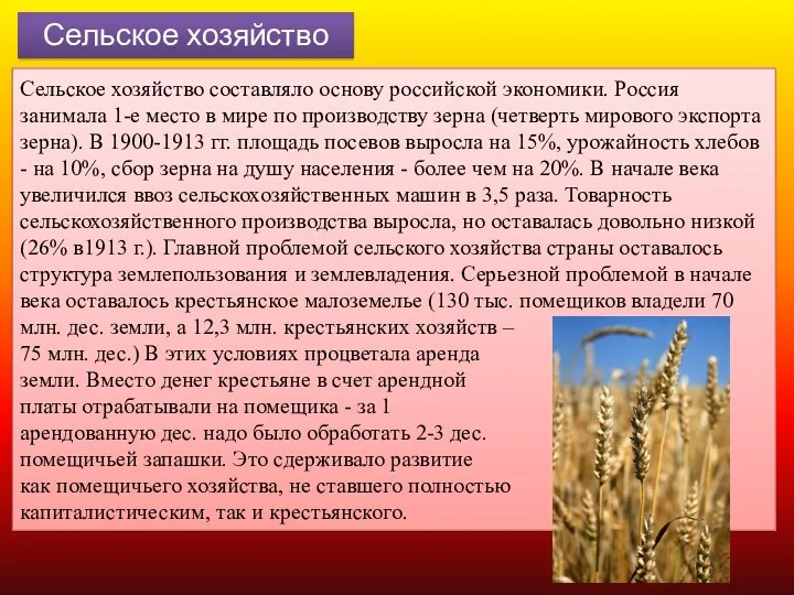 Сельское хозяйство Сельское хозяйство составляло основу российской экономики. Россия занимала