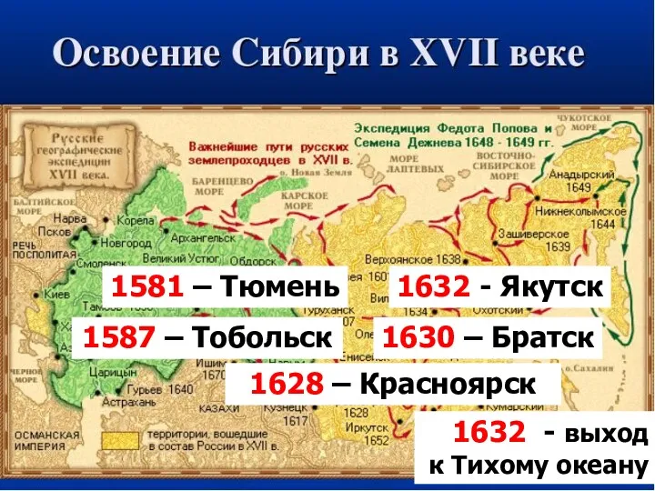 1632 - выход к Тихому океану 1581 – Тюмень 1587 – Тобольск 1628