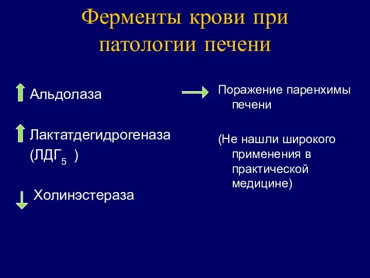 Ферменты крови при патологии печени Альдолаза Лактатдегидрогеназа (ЛДГ5 ) Холинэстераза