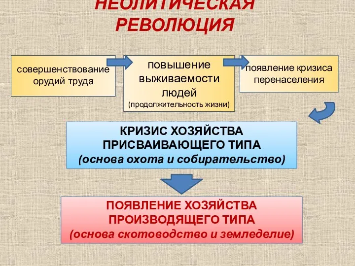 НЕОЛИТИЧЕСКАЯ РЕВОЛЮЦИЯ КРИЗИС ХОЗЯЙСТВА ПРИСВАИВАЮЩЕГО ТИПА (основа охота и собирательство)