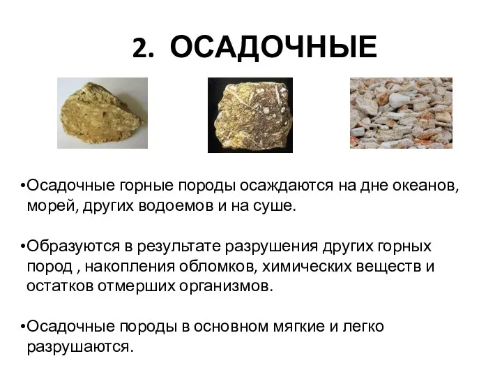 2. ОСАДОЧНЫЕ Осадочные горные породы осаждаются на дне океанов, морей,