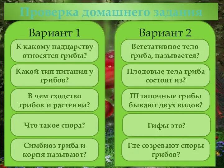 Проверка домашнего задания Вариант 1 К какому надцарству относятся грибы?