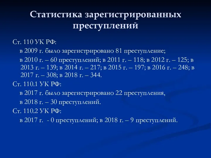 Статистика зарегистрированных преступлений Ст. 110 УК РФ: в 2009 г.