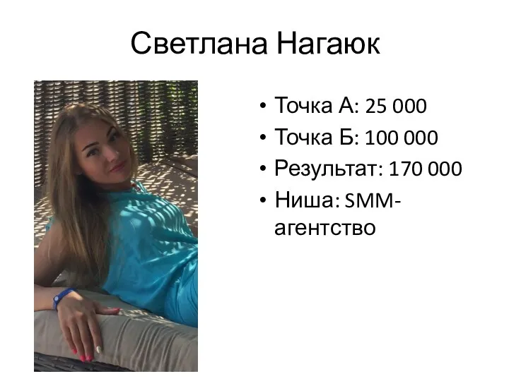 Светлана Нагаюк Точка А: 25 000 Точка Б: 100 000 Результат: 170 000 Ниша: SMM-агентство