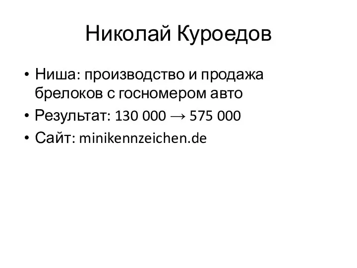 Николай Куроедов Ниша: производство и продажа брелоков с госномером авто